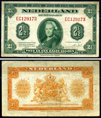 Нидерланды 2 1/2 гульдена 1943 4 февраля 1943, Вильгельмина I (1890-1948) Pick 65, Akkermans 12.1 ​бумага 444-63-1-2