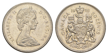 Канада 50 центов 1968 Елизавета II (1952-2022), герб KM 75.1 никель aUNC 4631-742