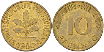 ФРГ 10 ПФЕННИГОВ 1980 G KM 108, J. 383 сталь плакированная латунью 4182-921