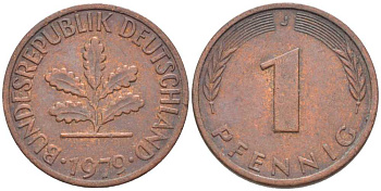 ФРГ 1 ПФЕННИГ 1979 J KM 105, J. 380 сталь плакированная медью 116-412