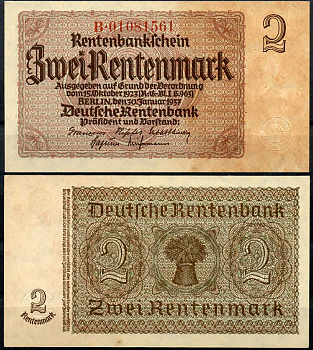 Германия 2 рентенмарки 1937 8 цифр в номере, серия B Pick 174 b (2), Rosenberg 167с бумага аUNC 7217-84-2-1