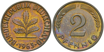 ФРГ 2 пфеннига 1963 J KM 106, J.381 бронза aUNC 4576-1018