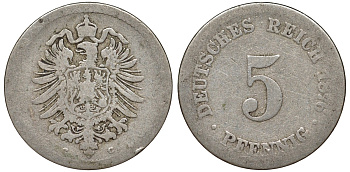 Германия 5 пфеннигов 1876 C, старогербовка KM 3, J. 3 медно-никель 51-3254
