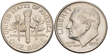 США 10 ЦЕНТОВ = 1 ДАЙМ 1990 D, РУЗВЕЛЬТ KM 195a медь плакированная медно-никелем 187-1065