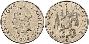Французская Новая Каледония 50 франков 2008 хижина среди сосен и пальм, (IEOM) KM 13a, Schoen 15a, Lec 128i медно-никель 4111-323