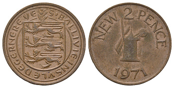 Гернси 2 новых пенса 1971 Елизавета II (1952-2022), ветряная мельница KM 22 бронза 4666-425