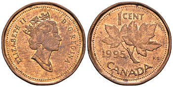 Канада 1 цент 1995 Елизавета II (1952-2022), кленовый лист KM 181 бронза 4609-247