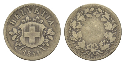 Швейцария 10 раппенов 1851 BB KM 6 серебро 4655-255