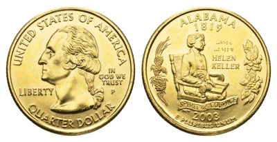 США 1/4 доллара (25 центов) 2003 Квотер штата Алабама KM 344 медь плакированная золотом UNC 11-117-45