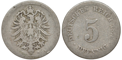 Германия 5 пфеннигов 1876 C, старогербовка KM 3, J. 3 медно-никель 51-3254