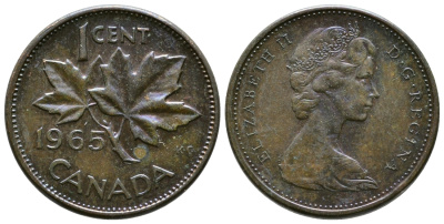 Канада 1 цент 1965 Елизавета II (1952-2022), кленовый лист KM 59.1 бронза46-1342