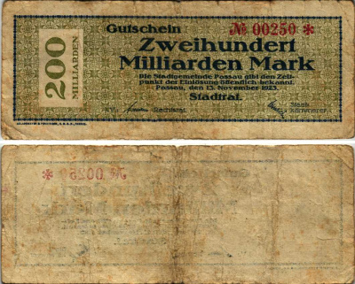 ПАССАУ 200000000000 МАРОК 1923 15 НОЯБРЯ 1923, НОТГЕЛЬД, ЗЕМЛЯ БАВАРИЯ бумага 8564-48-2