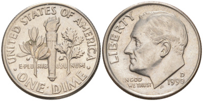 США 10 ЦЕНТОВ = 1 ДАЙМ 1990 D, РУЗВЕЛЬТ KM 195a медь плакированная медно-никелем 187-1065