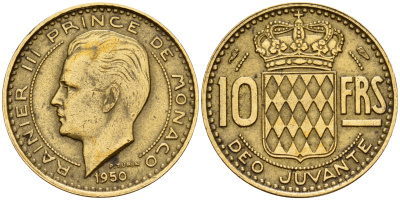 Монако 10 франков 1950 Ренье III (1949-2005) KM 130 алюминиевая бронза    4601-956