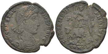 Римская Империя майорина 348 - 351 Констанций II, D N CONSTANTIVS P F AVG / император, поражающий персидского всадника, в поле Г, FEL TEMP REPARATIO, Константинополь, (степень редкости С2) RIC 81 биллон 1073-17-51