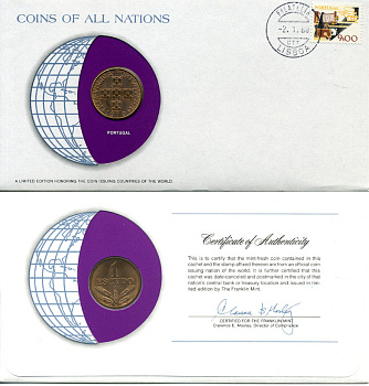 Португалия 1 эскудо 1979 конверт с маркой первого дня гашения, Coins of Nations KM 597 бронза UNC 4294-14-3