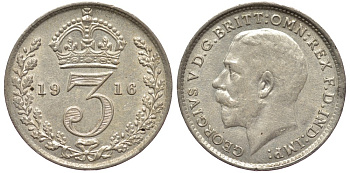 Великобритания 3 пенса 1916 Георг V (1910-1936) KM 813, Spink 4015 серебро 4528-451