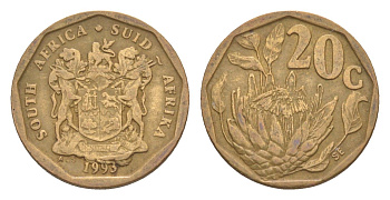 ЮАР 20 центов 1993 герб, цветок протея KM 136 сталь плакированная бронзой 4618-333