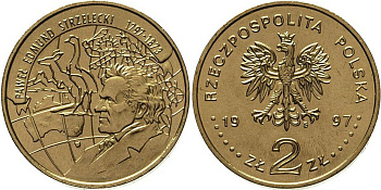 Польша 2 злотых 1997 MW, 200-летие со дня рождения исследователя Павла Эдмунда Стшелецкого KM 333 нордик  UNC 4521-133