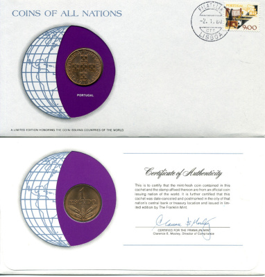 Португалия 1 эскудо 1979 конверт с маркой первого дня гашения, Coins of Nations KM 597 бронза UNC 4294-14-3