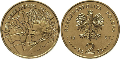 Польша 2 злотых 1997 MW, 200-летие со дня рождения исследователя Павла Эдмунда Стшелецкого KM 333 нордик  UNC 4521-133