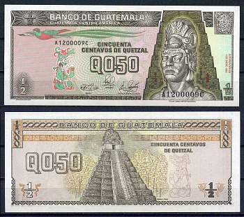 Гватемала 0,50 сентаво  1989  Pick 72 a  бумага  UNC (пресс) 7221-18-2-2