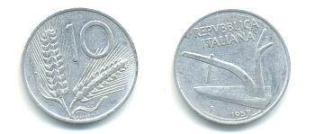 Италия 10 лир 1953 R, плуг, колосья KM 93 алюминий 86-946