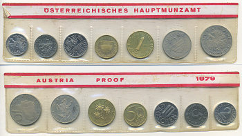 Австрия набор из 7 монет  1979  2, 5, 10, 50 грошей, 1, 5, 10 шиллингов, в целлофане KM PS 39 PROOF 4400-2-2