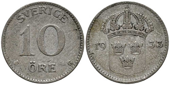 Швеция 10 эре 1933 G, Густав V (1907-1950) КМ 780 серебро 201-1062