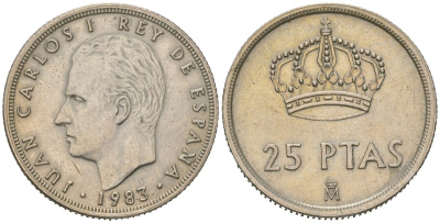 Испания 25 песет 1983 M, Хуан Карлос I (1975-2014) KM 824 медно-никель 4612-1122