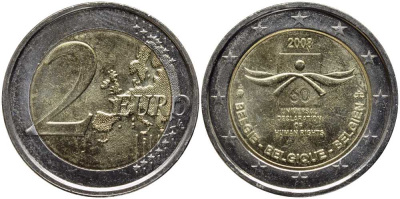 Бельгия 2 евро 2008 60 лет принятие декларации прав человека KM 248 биметалл UNC 115-1243