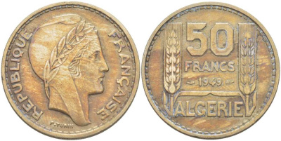 Алжир, Французский 50 франков 1949 KM 92 медно-никель 4514-553