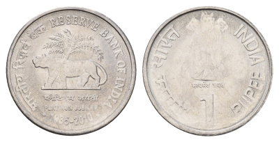 Индия 1 рупия 2010 75 лет Резервному банку Индии KM 385 нержавеющая сталь UNC 4656-121