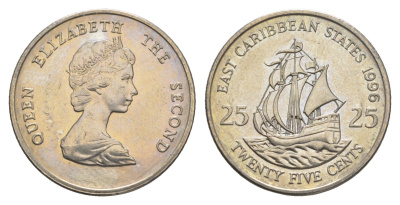 Восточные Карибы (Восточно-Карибские штаты) 25 центов 1996 Елизавета II (1952-2022), парусник KM 14 медно-никель UNC 4652-912