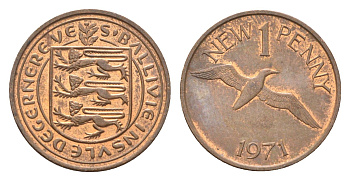 Гернси 1 новый пенни 1971 Елизавета II (1952-2022), северная олуша в полете KM 21 бронза 4702-739