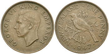 Новая Зеландия 1 пенни 1947 Птица Туи, Король Георг VI (1937 - 1952) KM 13 бронза 81-923