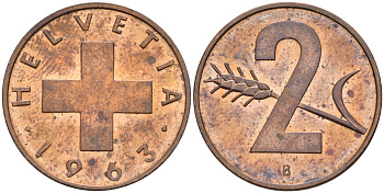 Швейцария 2 раппена 1963 В KM 47 бронза 4584-152