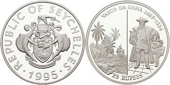 Сейшельские острова 25 рупий 1995 Васко да Гама (1469-1574), парусник KM 81 серебро PROOF 11-327-13