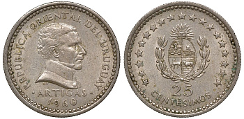 Уругвай 25 сентесимо 1960 KM 40 медно-никель 4169-964