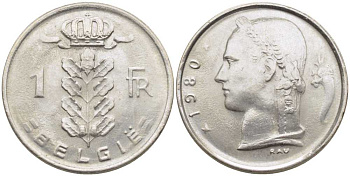БЕЛЬГИЯ 1 ФРАНК 1980 BELGIE, БОДУЭН I (1951-1993) KM 143.1 медно-никель 119-657