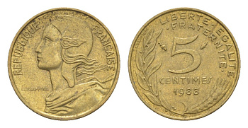 Франция 5 сантимов 1988 тип Morlon KM 933, Le Franc 125.24 алюминиевая бронза 4630-344