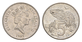 Новая Зеландия 5 центов 1989 Елизавета II (1952-2022), ящерица гаттерия KM 60 медно-никель 4594-415