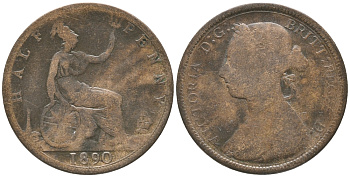 Великобритания 1/2 пенни 1890 Виктория (1837-1901) KM 754, Spink 3956 бронза 34-154