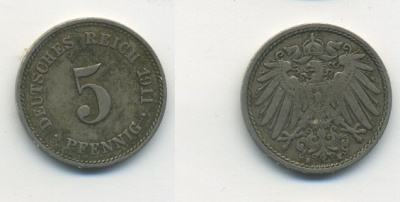 Германия 5 пфеннигов 1911 E KM 11, Jager 12, Weege 6 медно-никель 23-1023