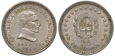 Уругвай 25 сентесимо 1960 KM 40 медно-никель 4169-964