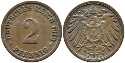 Германия 2 пфеннига 1912 D KM 16, J. 11, Weege 4 медь 54-1952