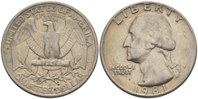 США 25 ЦЕНТОВ = КВОТЕР 1981 Р, ВАШИНГТОН KM А164а медь плакированная медно-никелем 31-737