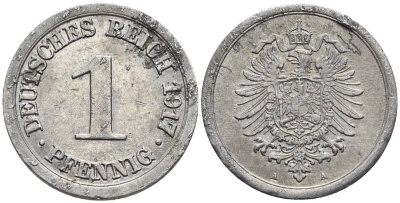 Германия 1 пфенниг 1917 A KM 24, J. 300, Weege 2 алюминий 4547-114