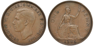 Великобритания 1 пенни 1946 Георг VI (1936-1952) KM 845, Spink 4114 бронза 51-2323