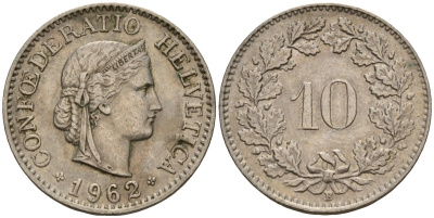 Швейцария 10 раппенов 1962 B KM 27 медно-никель 4189-363
